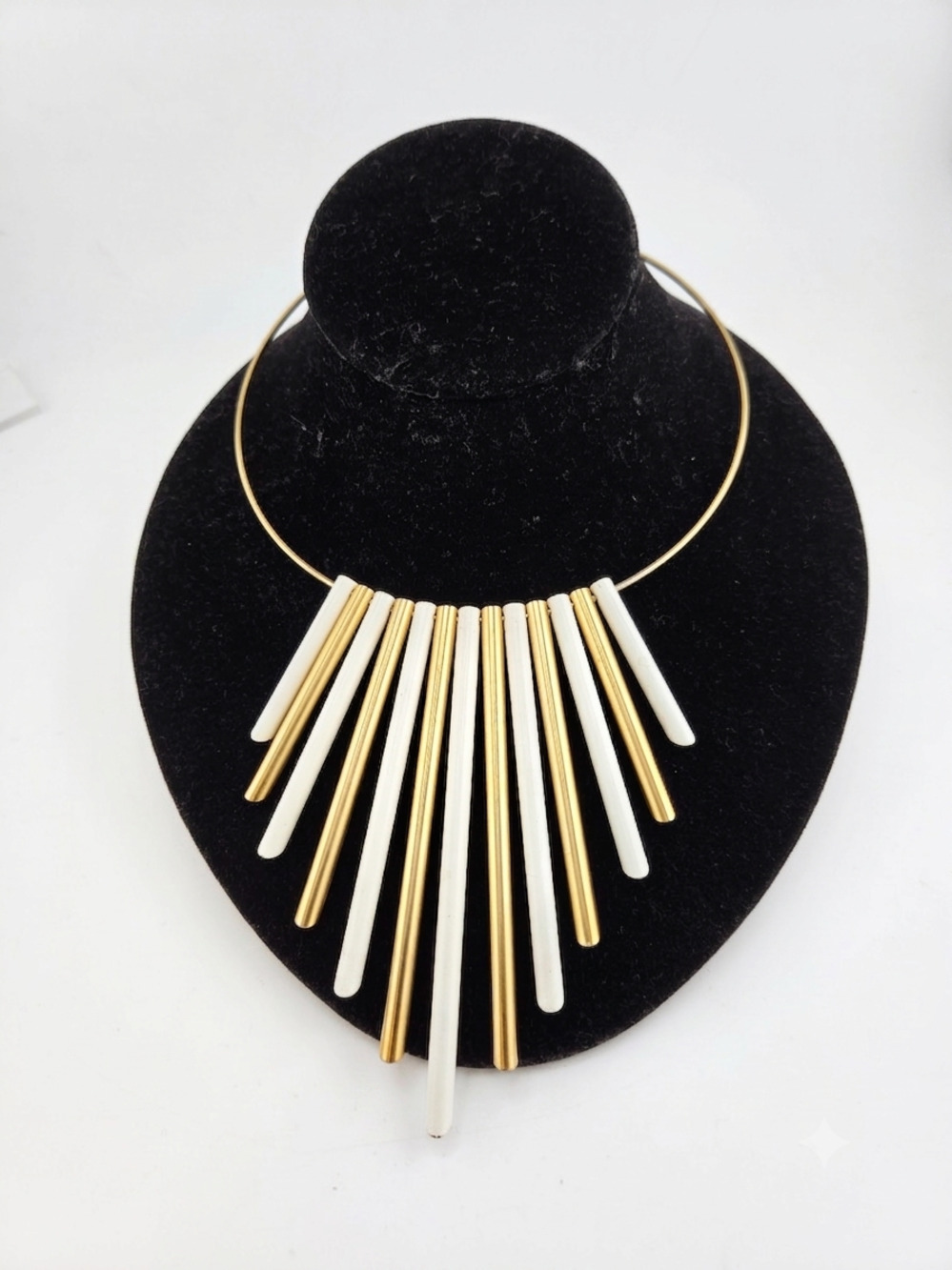 Vintage Modernist Fringe Collar Necklace Gold Tone White Tubes Statement